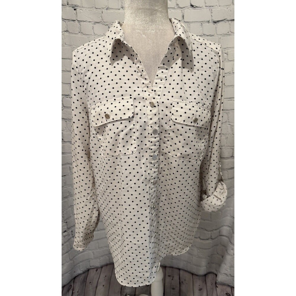 Adrienne Vittadini Womens White Collared Polka Dots Button-Up Top Sz L